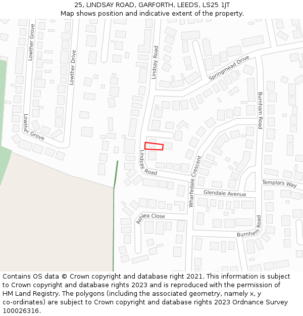 25, LINDSAY ROAD, GARFORTH, LEEDS, LS25 1JT: Location map and indicative extent of plot