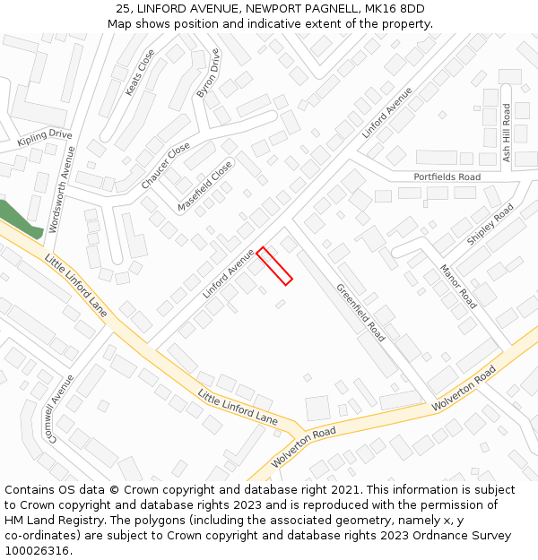 25, LINFORD AVENUE, NEWPORT PAGNELL, MK16 8DD: Location map and indicative extent of plot