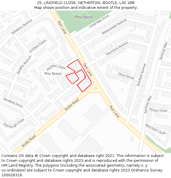 25, LINGFIELD CLOSE, NETHERTON, BOOTLE, L30 1BB: Location map and indicative extent of plot