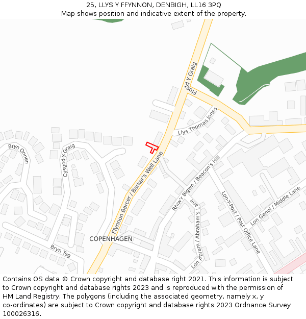 25, LLYS Y FFYNNON, DENBIGH, LL16 3PQ: Location map and indicative extent of plot