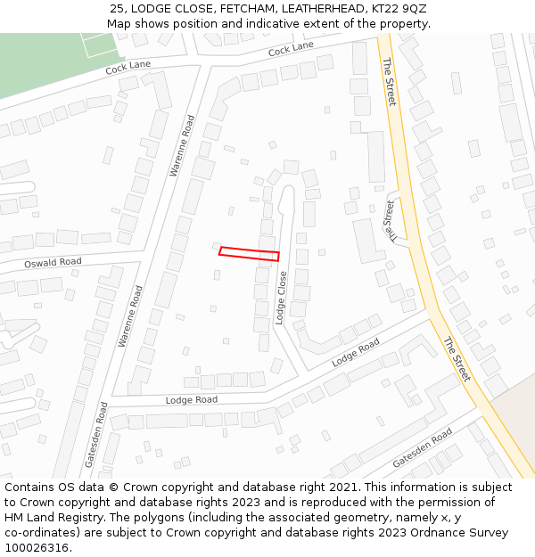 25, LODGE CLOSE, FETCHAM, LEATHERHEAD, KT22 9QZ: Location map and indicative extent of plot