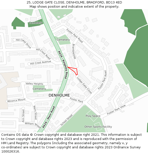 25, LODGE GATE CLOSE, DENHOLME, BRADFORD, BD13 4ED: Location map and indicative extent of plot
