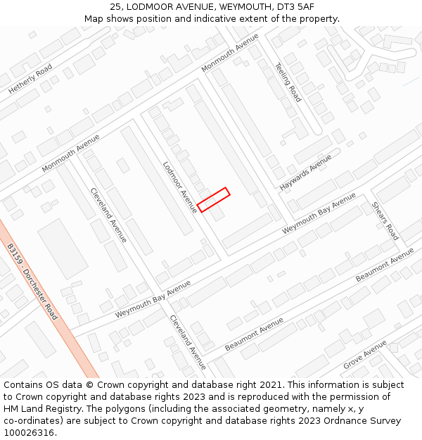 25, LODMOOR AVENUE, WEYMOUTH, DT3 5AF: Location map and indicative extent of plot