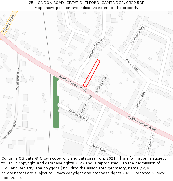 25, LONDON ROAD, GREAT SHELFORD, CAMBRIDGE, CB22 5DB: Location map and indicative extent of plot