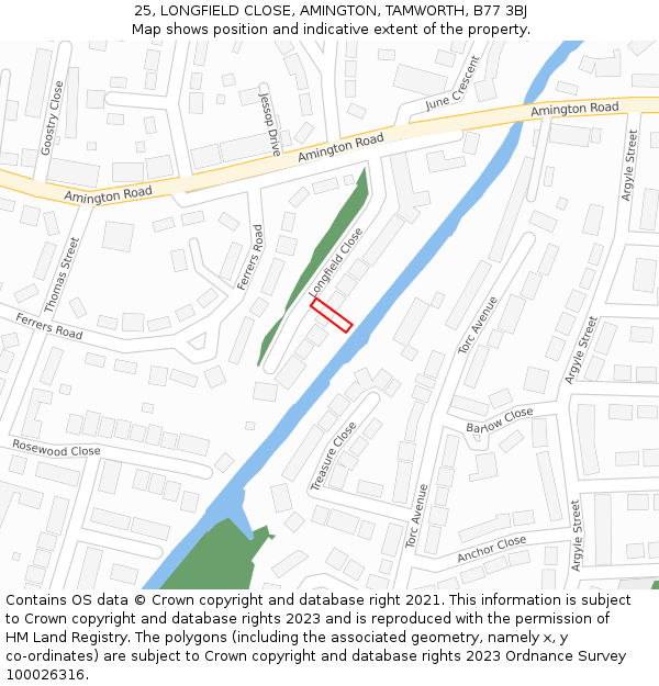 25, LONGFIELD CLOSE, AMINGTON, TAMWORTH, B77 3BJ: Location map and indicative extent of plot