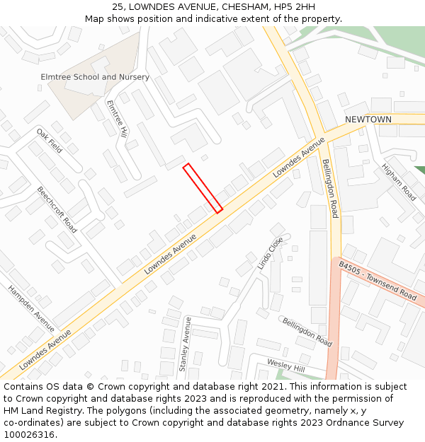 25, LOWNDES AVENUE, CHESHAM, HP5 2HH: Location map and indicative extent of plot