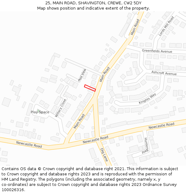 25, MAIN ROAD, SHAVINGTON, CREWE, CW2 5DY: Location map and indicative extent of plot