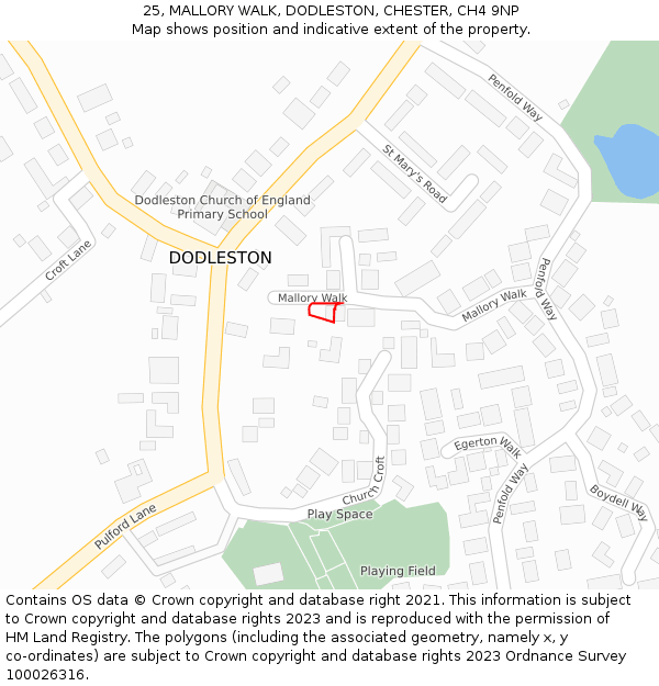 25, MALLORY WALK, DODLESTON, CHESTER, CH4 9NP: Location map and indicative extent of plot