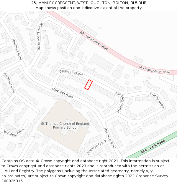 25, MANLEY CRESCENT, WESTHOUGHTON, BOLTON, BL5 3HR: Location map and indicative extent of plot