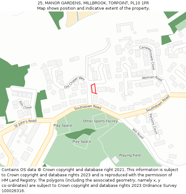 25, MANOR GARDENS, MILLBROOK, TORPOINT, PL10 1PR: Location map and indicative extent of plot