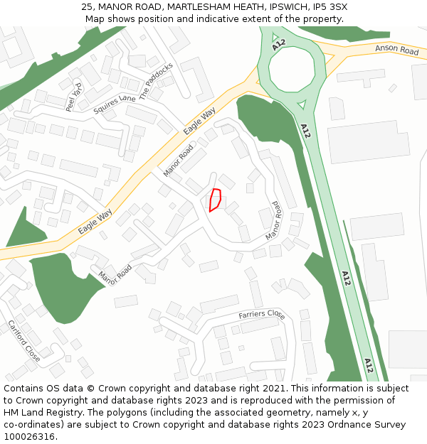 25, MANOR ROAD, MARTLESHAM HEATH, IPSWICH, IP5 3SX: Location map and indicative extent of plot