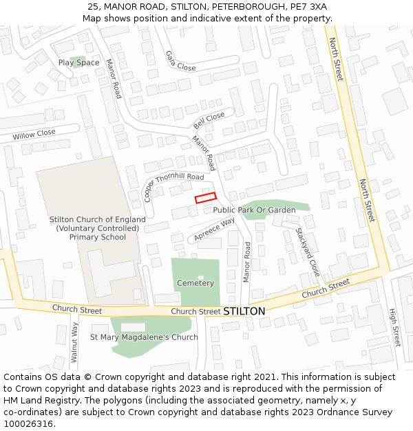 25, MANOR ROAD, STILTON, PETERBOROUGH, PE7 3XA: Location map and indicative extent of plot