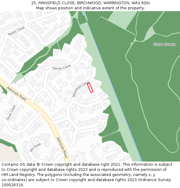 25, MANSFIELD CLOSE, BIRCHWOOD, WARRINGTON, WA3 6QN: Location map and indicative extent of plot