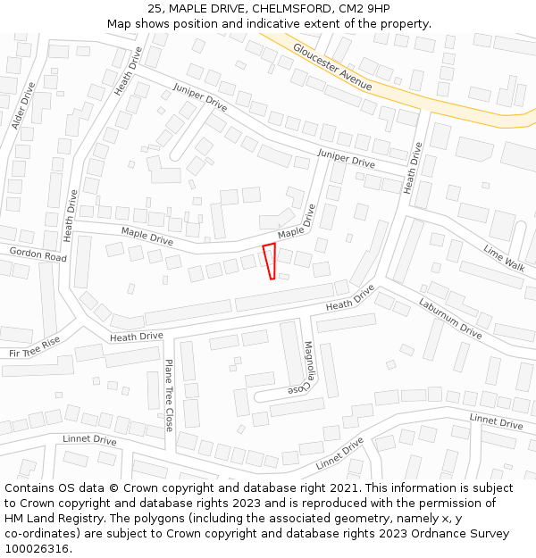 25, MAPLE DRIVE, CHELMSFORD, CM2 9HP: Location map and indicative extent of plot