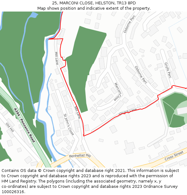 25, MARCONI CLOSE, HELSTON, TR13 8PD: Location map and indicative extent of plot