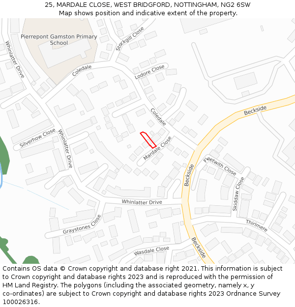 25, MARDALE CLOSE, WEST BRIDGFORD, NOTTINGHAM, NG2 6SW: Location map and indicative extent of plot