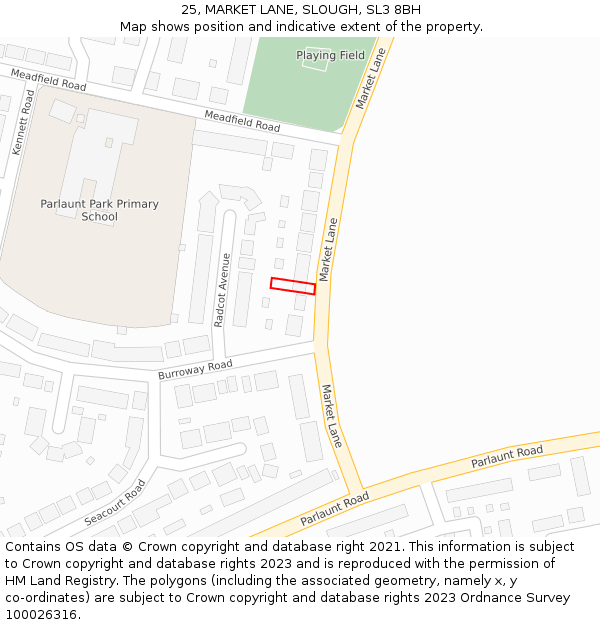 25, MARKET LANE, SLOUGH, SL3 8BH: Location map and indicative extent of plot