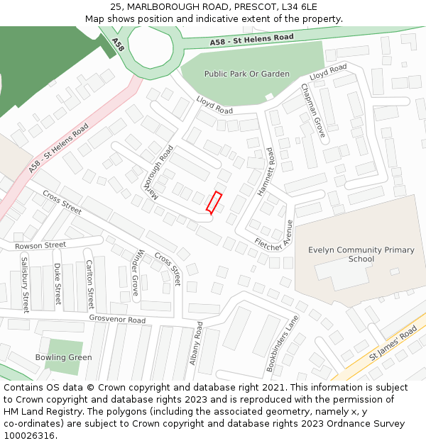 25, MARLBOROUGH ROAD, PRESCOT, L34 6LE: Location map and indicative extent of plot