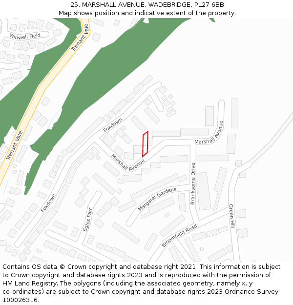 25, MARSHALL AVENUE, WADEBRIDGE, PL27 6BB: Location map and indicative extent of plot