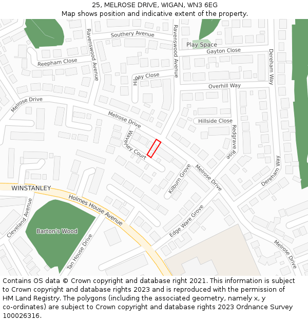 25, MELROSE DRIVE, WIGAN, WN3 6EG: Location map and indicative extent of plot