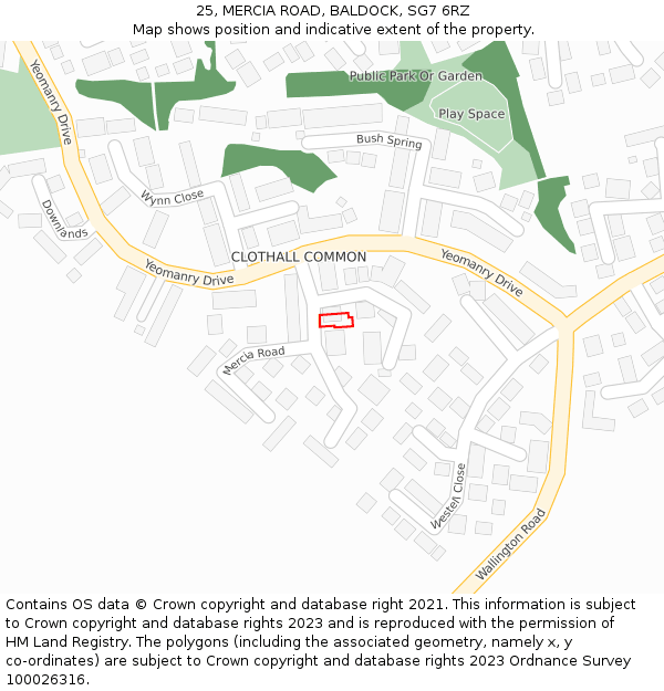 25, MERCIA ROAD, BALDOCK, SG7 6RZ: Location map and indicative extent of plot