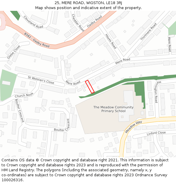 25, MERE ROAD, WIGSTON, LE18 3RJ: Location map and indicative extent of plot