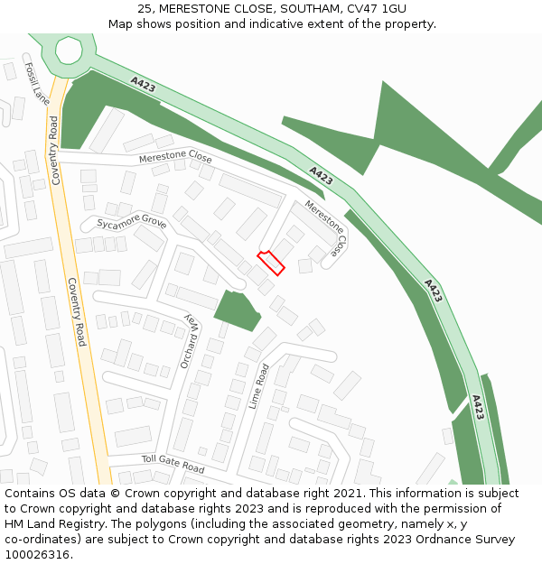 25, MERESTONE CLOSE, SOUTHAM, CV47 1GU: Location map and indicative extent of plot