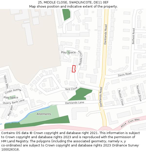 25, MIDDLE CLOSE, SWADLINCOTE, DE11 0EF: Location map and indicative extent of plot