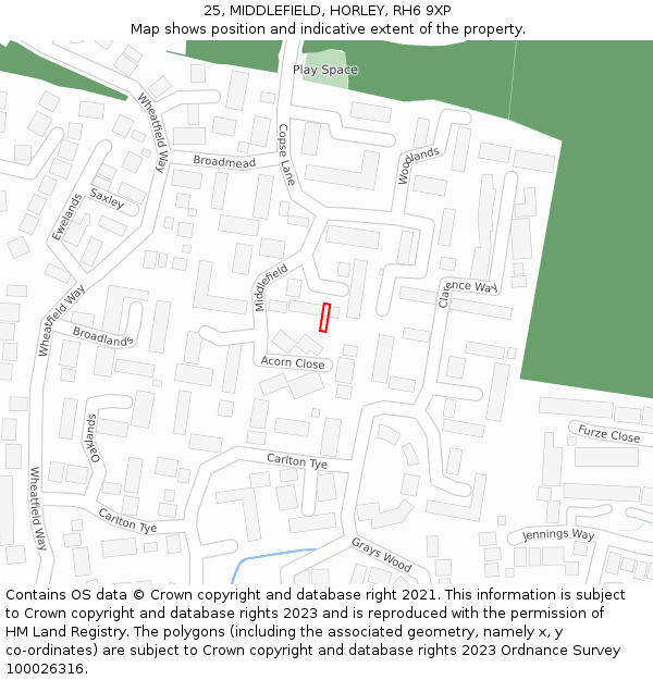 25, MIDDLEFIELD, HORLEY, RH6 9XP: Location map and indicative extent of plot