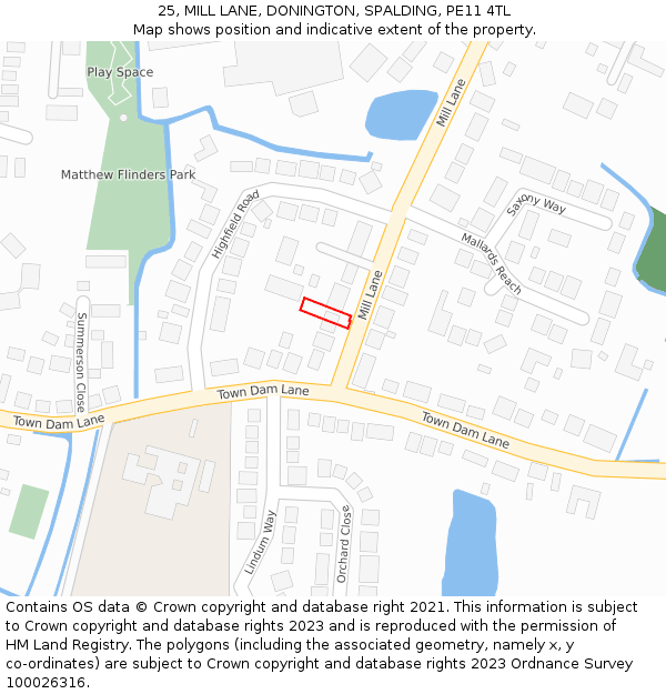 25, MILL LANE, DONINGTON, SPALDING, PE11 4TL: Location map and indicative extent of plot