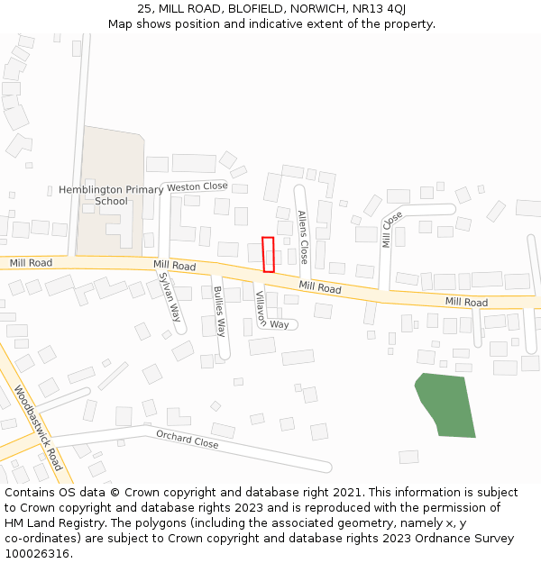 25, MILL ROAD, BLOFIELD, NORWICH, NR13 4QJ: Location map and indicative extent of plot