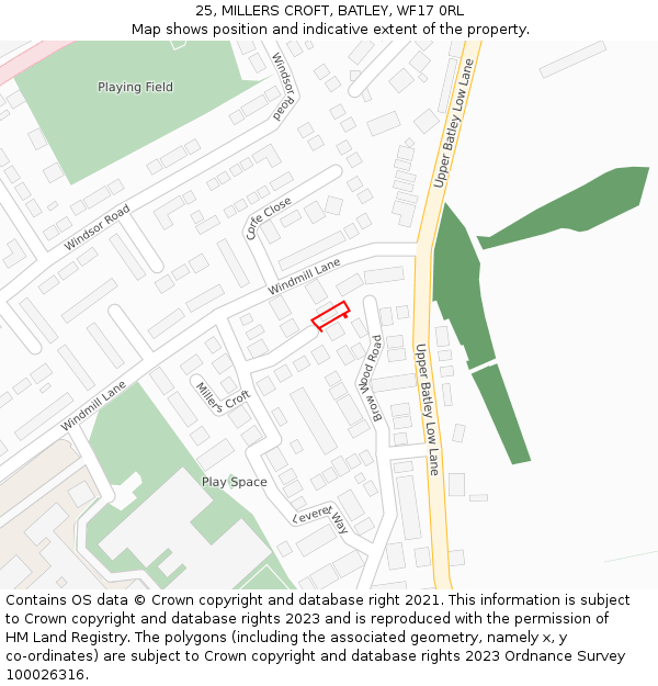 25, MILLERS CROFT, BATLEY, WF17 0RL: Location map and indicative extent of plot