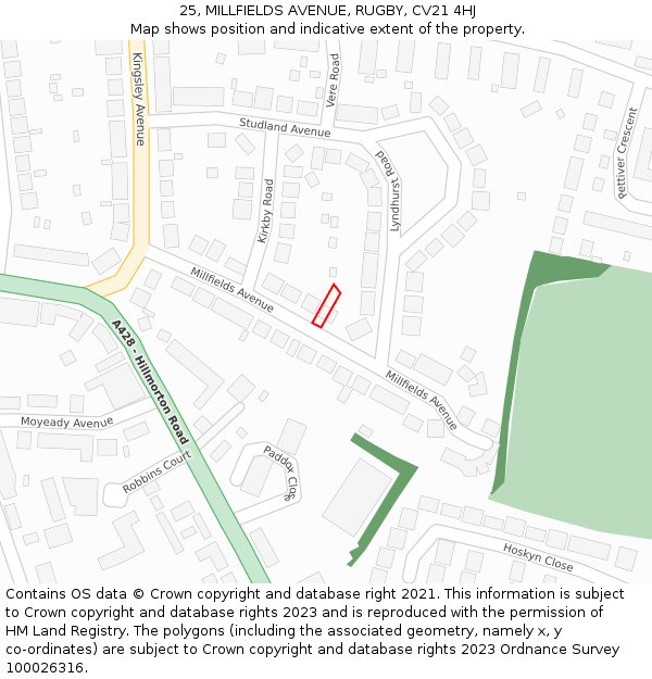 25, MILLFIELDS AVENUE, RUGBY, CV21 4HJ: Location map and indicative extent of plot