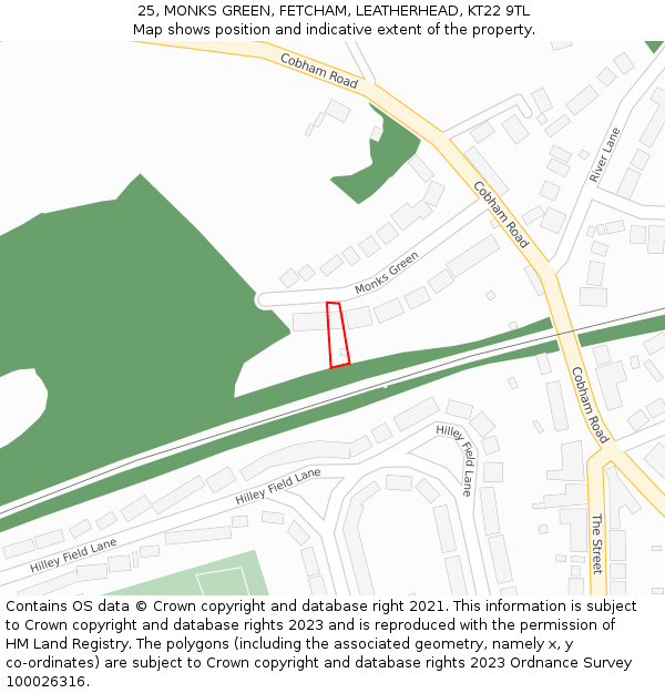 25, MONKS GREEN, FETCHAM, LEATHERHEAD, KT22 9TL: Location map and indicative extent of plot