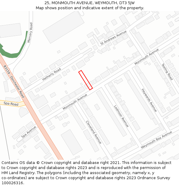 25, MONMOUTH AVENUE, WEYMOUTH, DT3 5JW: Location map and indicative extent of plot