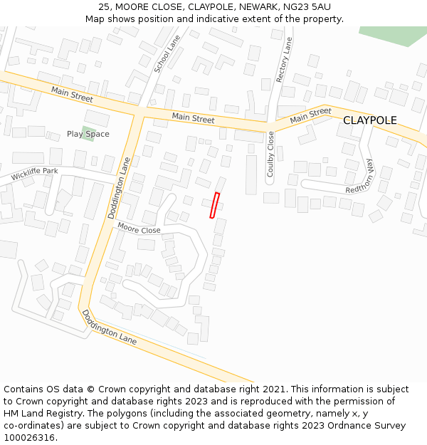 25, MOORE CLOSE, CLAYPOLE, NEWARK, NG23 5AU: Location map and indicative extent of plot