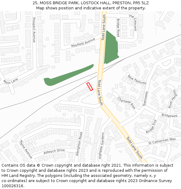25, MOSS BRIDGE PARK, LOSTOCK HALL, PRESTON, PR5 5LZ: Location map and indicative extent of plot
