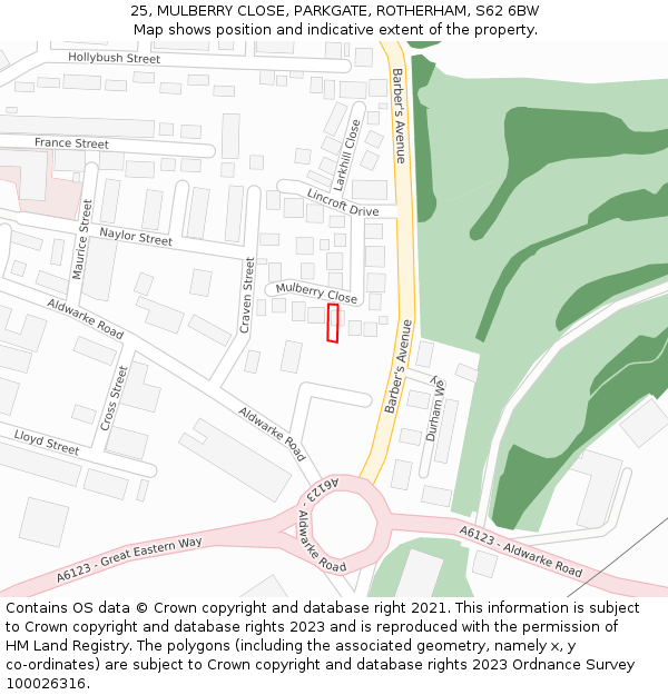 25, MULBERRY CLOSE, PARKGATE, ROTHERHAM, S62 6BW: Location map and indicative extent of plot