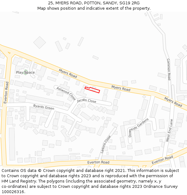 25, MYERS ROAD, POTTON, SANDY, SG19 2RG: Location map and indicative extent of plot