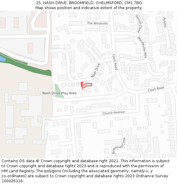 25, NASH DRIVE, BROOMFIELD, CHELMSFORD, CM1 7BG: Location map and indicative extent of plot