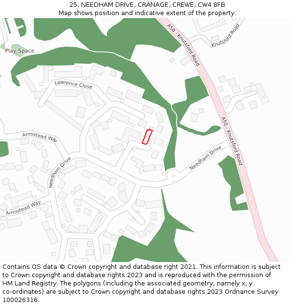 25, NEEDHAM DRIVE, CRANAGE, CREWE, CW4 8FB: Location map and indicative extent of plot