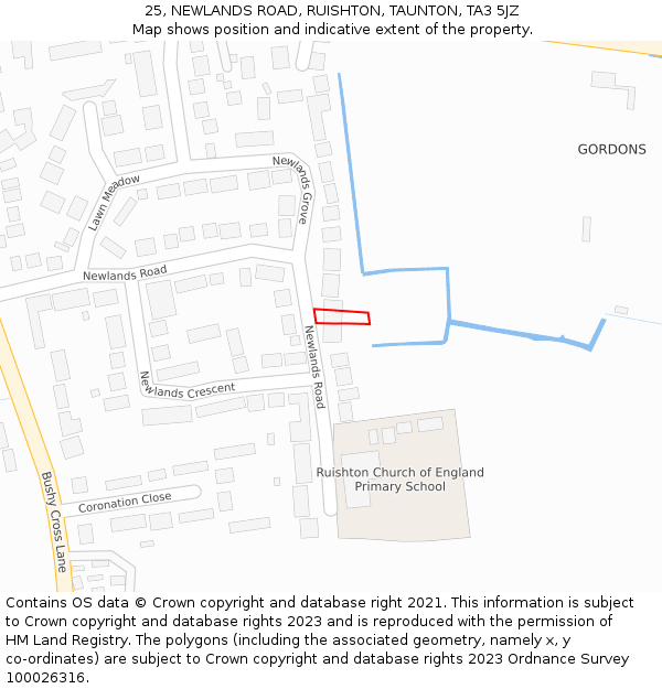 25, NEWLANDS ROAD, RUISHTON, TAUNTON, TA3 5JZ: Location map and indicative extent of plot