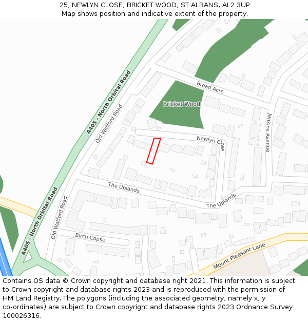 25, NEWLYN CLOSE, BRICKET WOOD, ST ALBANS, AL2 3UP: Location map and indicative extent of plot