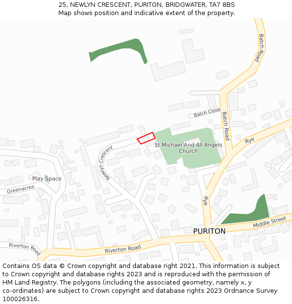 25, NEWLYN CRESCENT, PURITON, BRIDGWATER, TA7 8BS: Location map and indicative extent of plot