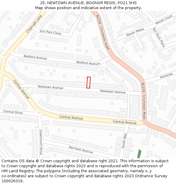 25, NEWTOWN AVENUE, BOGNOR REGIS, PO21 5HS: Location map and indicative extent of plot