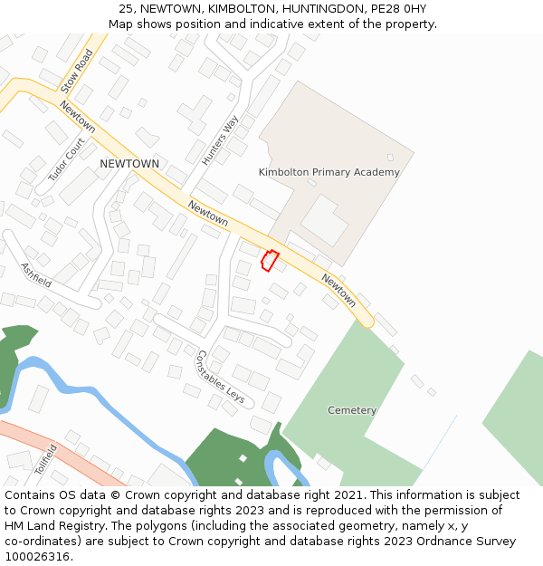 25, NEWTOWN, KIMBOLTON, HUNTINGDON, PE28 0HY: Location map and indicative extent of plot