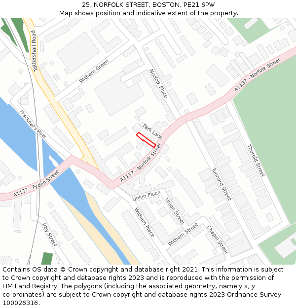 25, NORFOLK STREET, BOSTON, PE21 6PW: Location map and indicative extent of plot