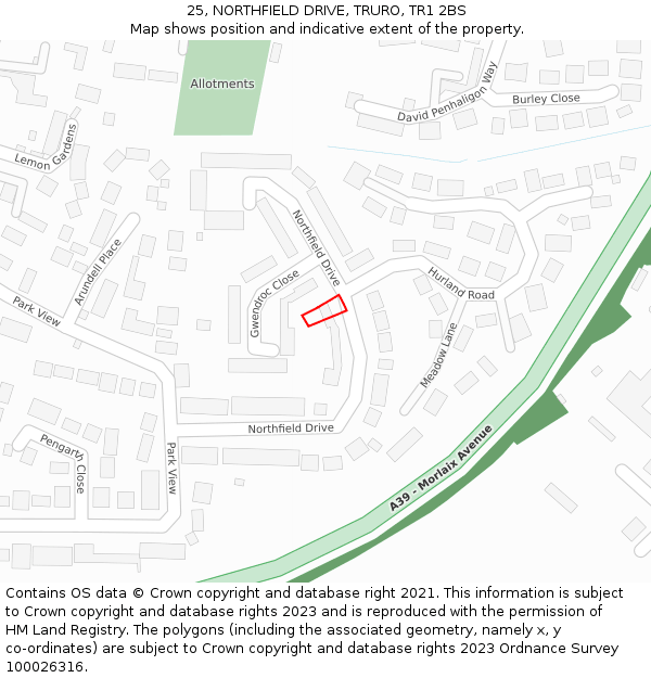 25, NORTHFIELD DRIVE, TRURO, TR1 2BS: Location map and indicative extent of plot