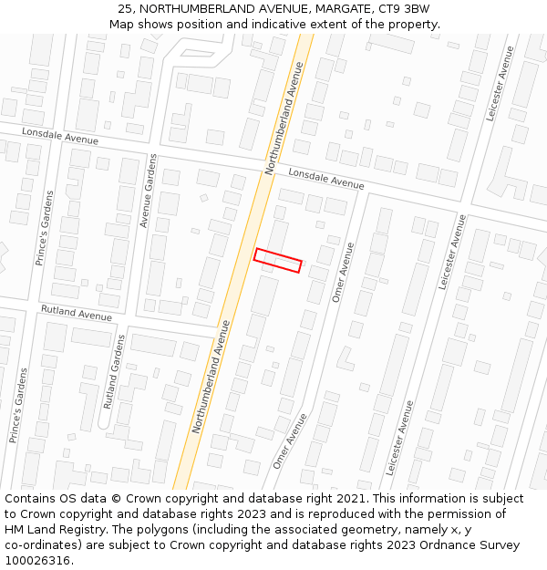 25, NORTHUMBERLAND AVENUE, MARGATE, CT9 3BW: Location map and indicative extent of plot