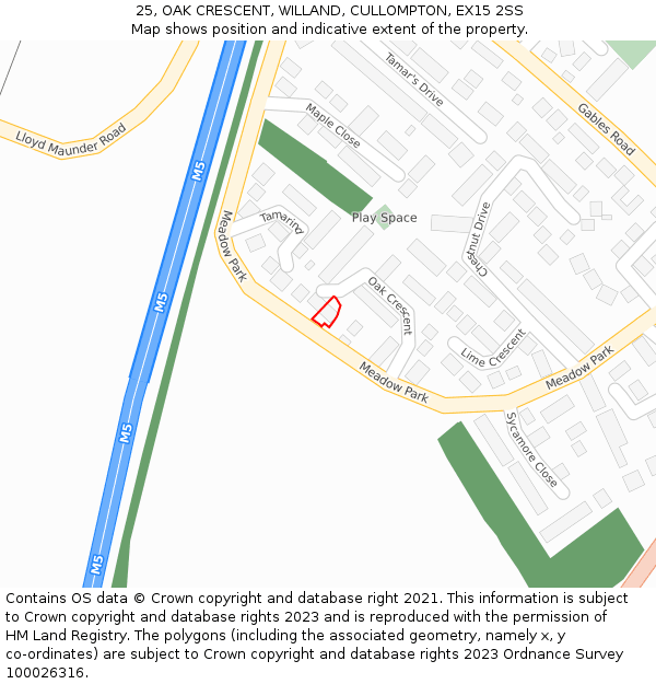 25, OAK CRESCENT, WILLAND, CULLOMPTON, EX15 2SS: Location map and indicative extent of plot